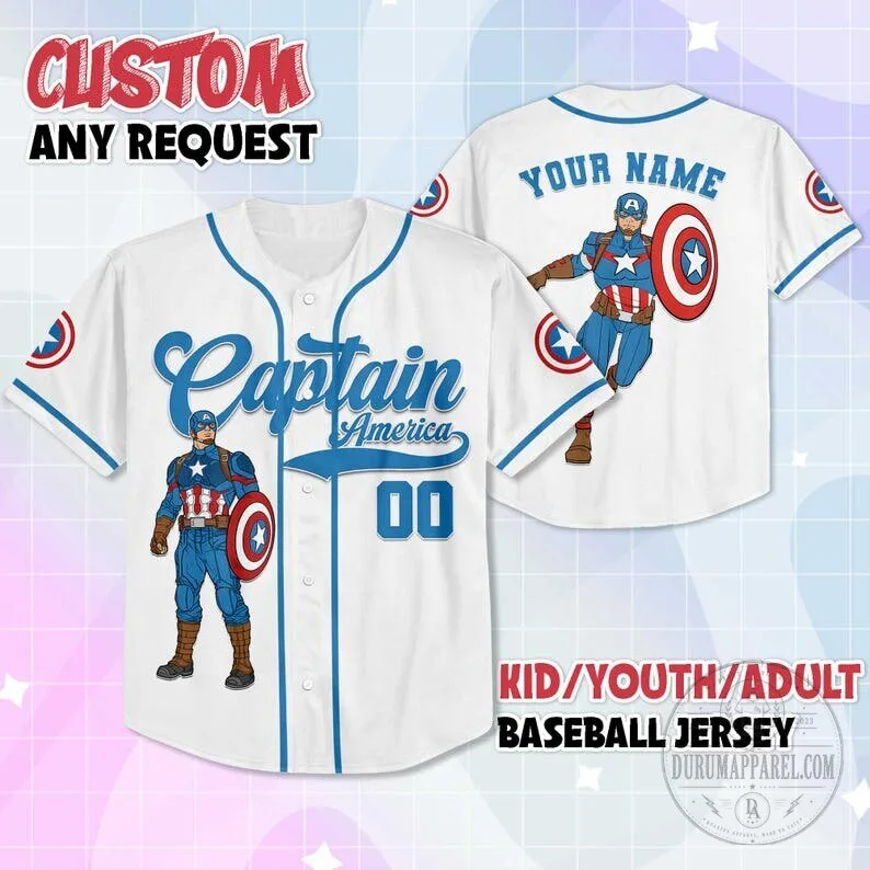 Captain America Marvel Comics Superhero Custom Name and Number Baseball Jersey