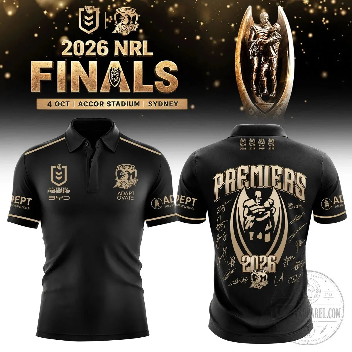 Sydney Roosters 2026 NRL Finals Premiers Black and Gold Polo Shirt 1 Sydney Roosters 2026 NRL Finals Premiers Black and Gold Polo Shirt