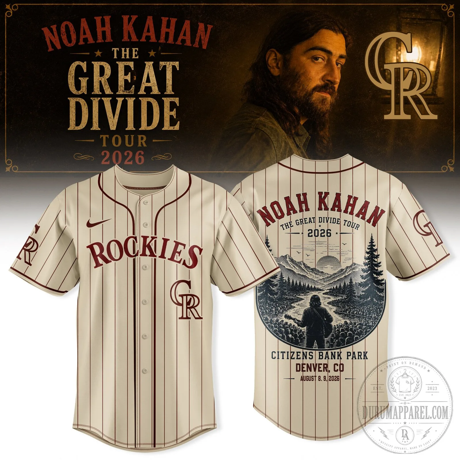 Noah Kahan The Great Divide Tour 2026 Concert Baseball Jersey