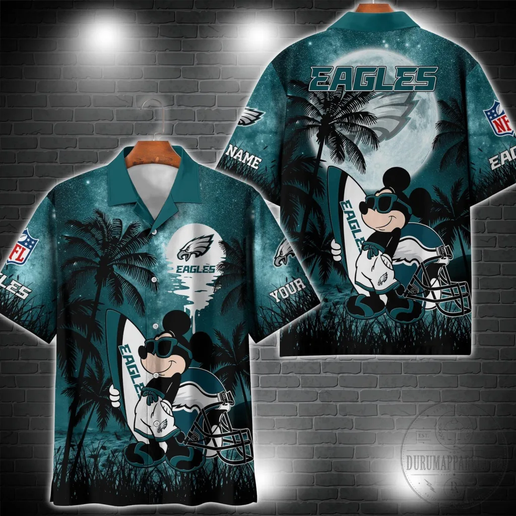 Philadelphia Eagles Mickey Mouse Tropical Beach Custom Name Hawaiian Shirt Philadelphia Eagles Mickey Mouse Tropical Beach Custom Name Hawaiian Shirt