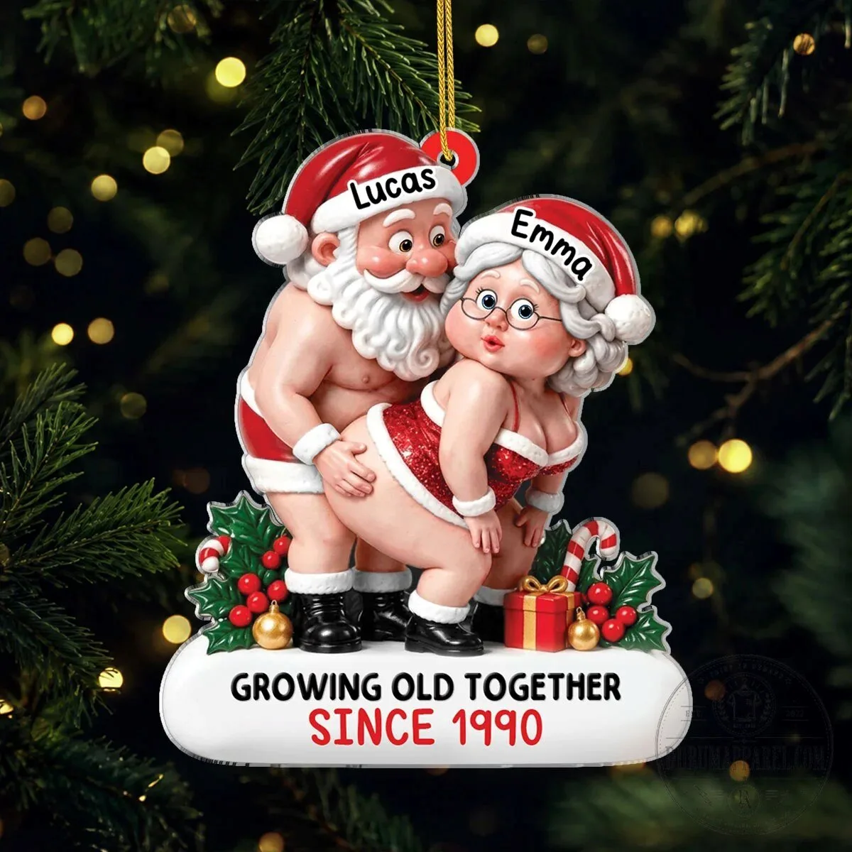 Personalized Naughty Santa Couple Christmas Ornament Growing Old Together