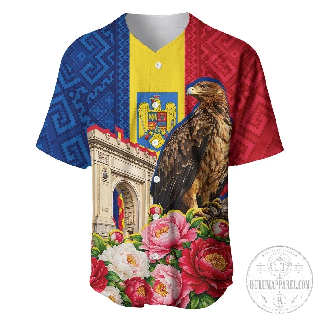Romania Flag Eagle Arcul de Triumf Peony Flowers Baseball Jersey 2 Romania Flag Eagle Arcul de Triumf Peony Flowers Baseball Jersey