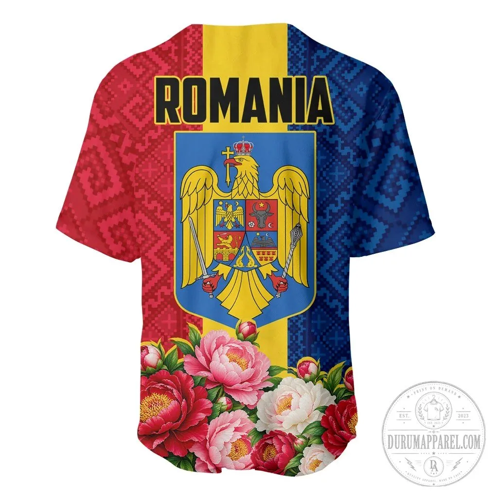 Romania Flag Eagle Arcul de Triumf Peony Flowers Baseball Jersey 8 Romania Flag Eagle Arcul de Triumf Peony Flowers Baseball Jersey