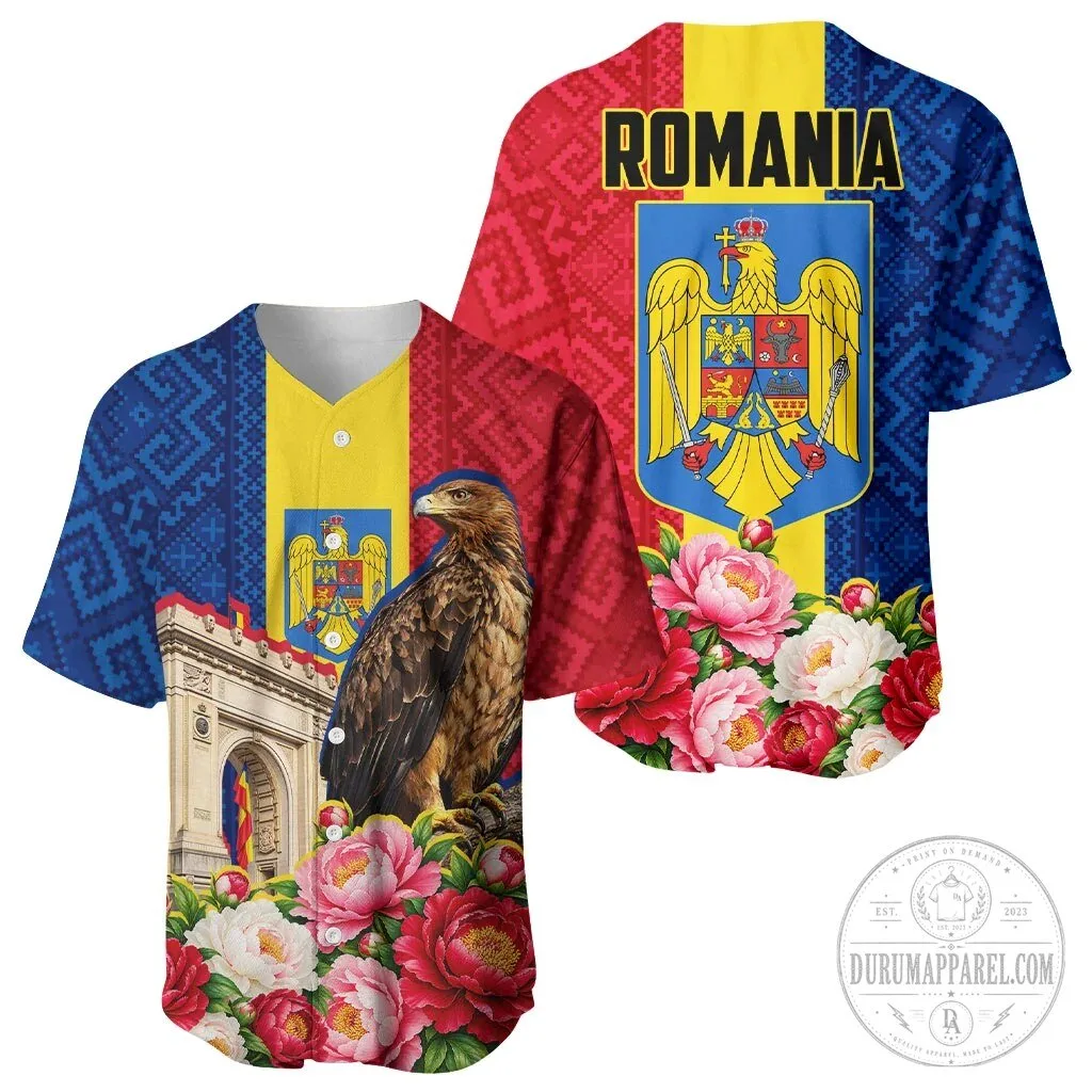 Romania Flag Eagle Arcul de Triumf Peony Flowers Baseball Jersey 9 Romania Flag Eagle Arcul de Triumf Peony Flowers Baseball Jersey