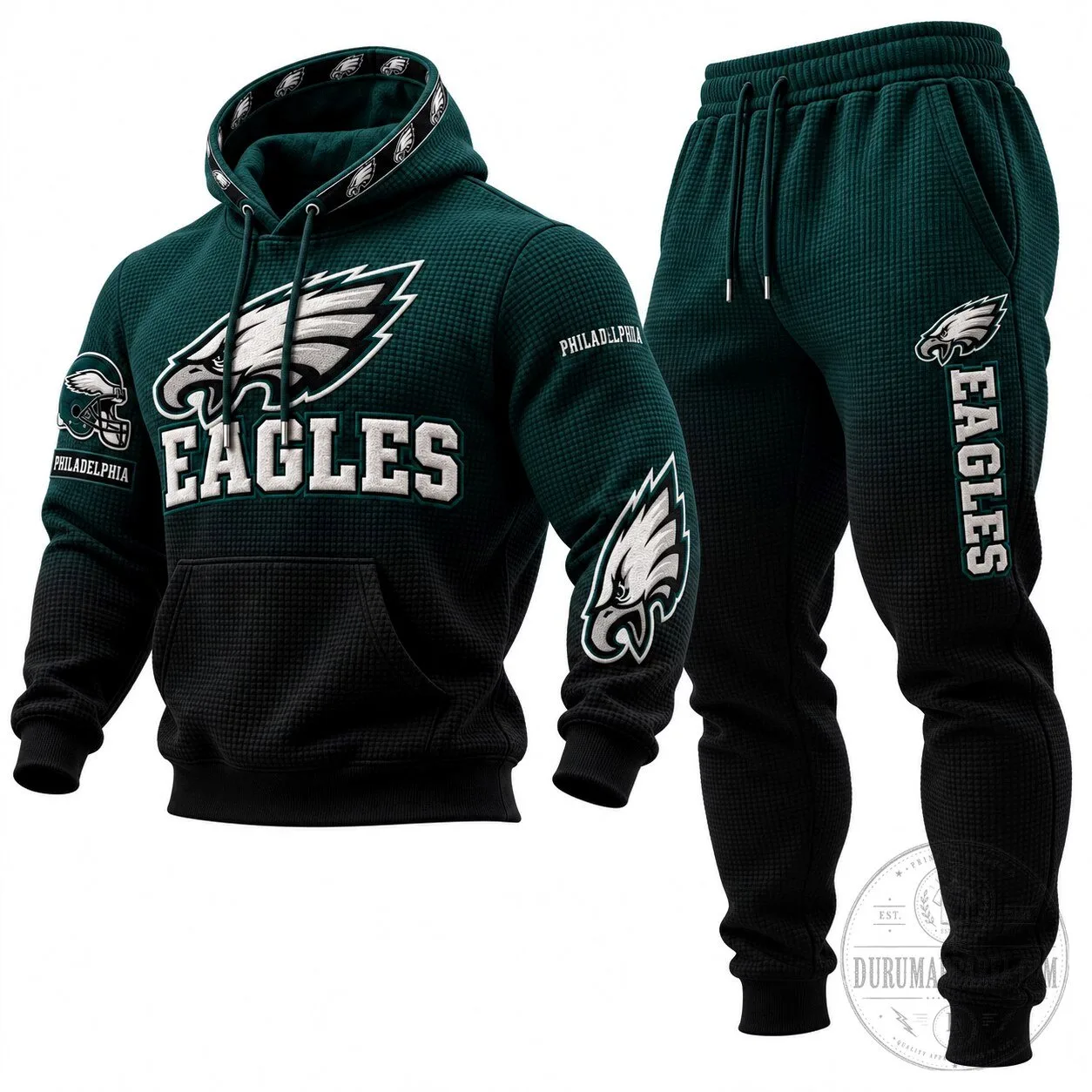 Dark Green Hoodie and Sweatpants Set Featuring Philadelphia Eagles Team Logo 1 Dark Green Hoodie and Sweatpants Set Featuring Philadelphia Eagles Team Logo