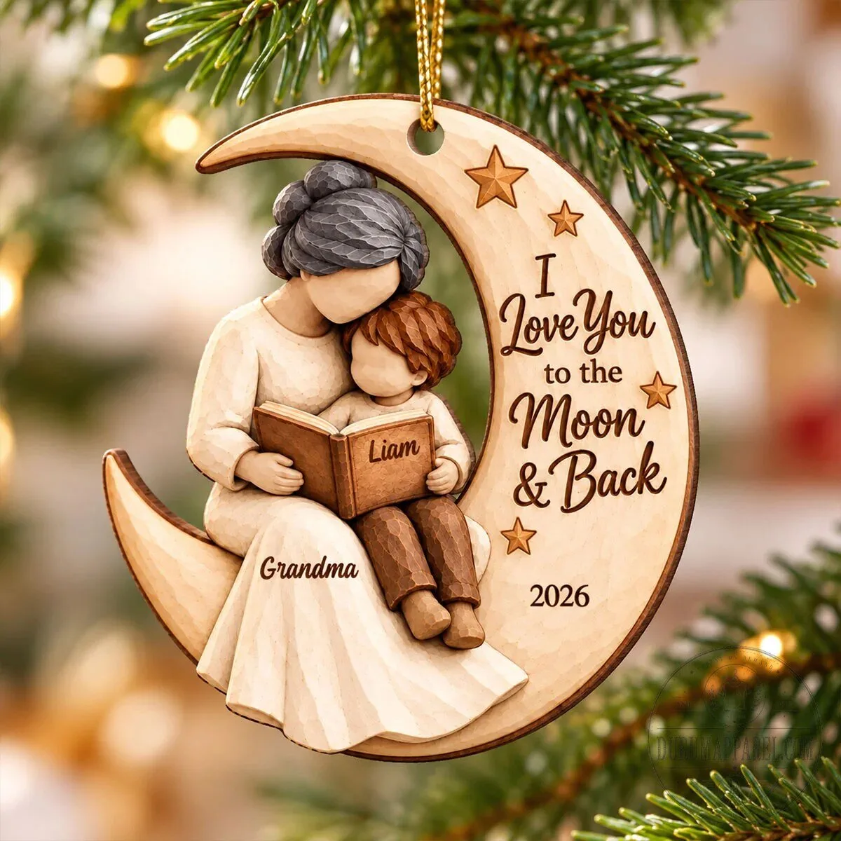 Personalized Grandma and Grandchild Reading on Moon Christmas Ornament