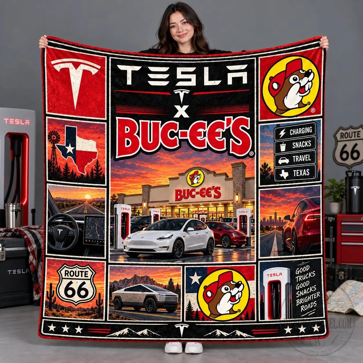 Tesla and Buc-ee's Texas Road Trip Collage Fleece Blanket 3 Tesla and Buc-ee's Texas Road Trip Collage Fleece Blanket