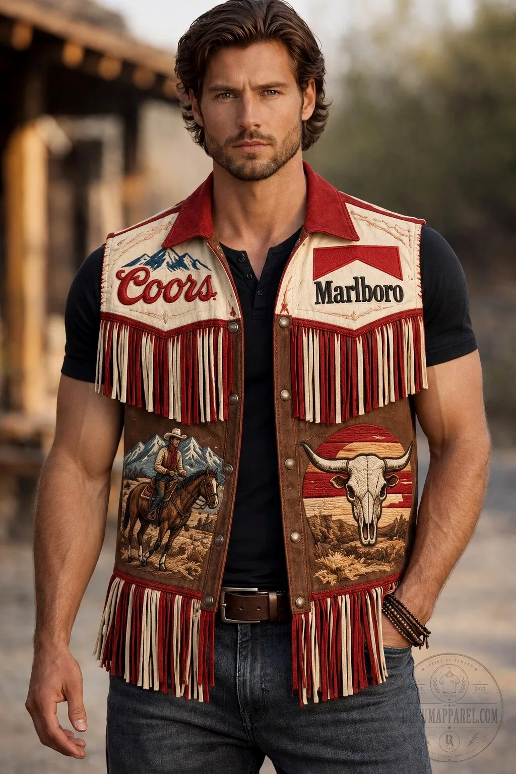 Western Style Coors and Marlboro Cowboy Fringe Vest for Men