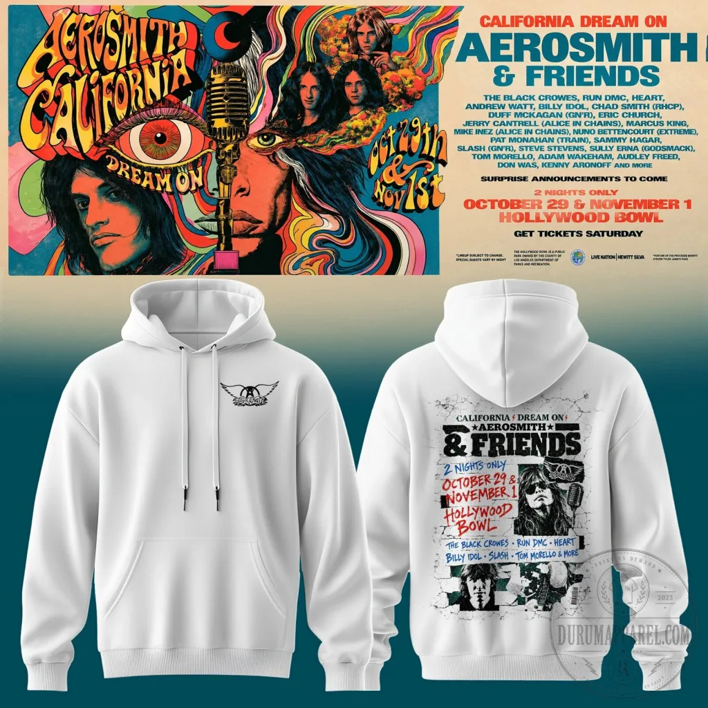 White Hoodie for Aerosmith's California Dream On Concert at Hollywood Bowl White Hoodie for Aerosmith's California Dream On Concert at Hollywood Bowl