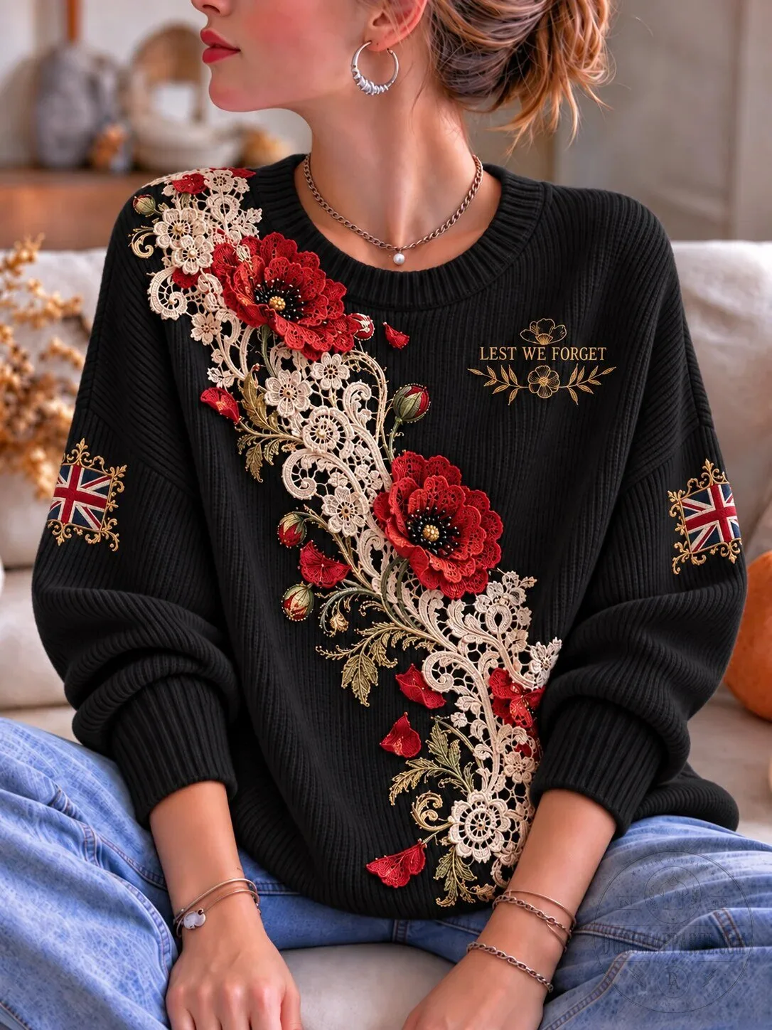 Lest We Forget Remembrance Day Poppy Flower Embroidered Crewneck Sweater 1 Lest We Forget Remembrance Day Poppy Flower Embroidered Crewneck Sweater