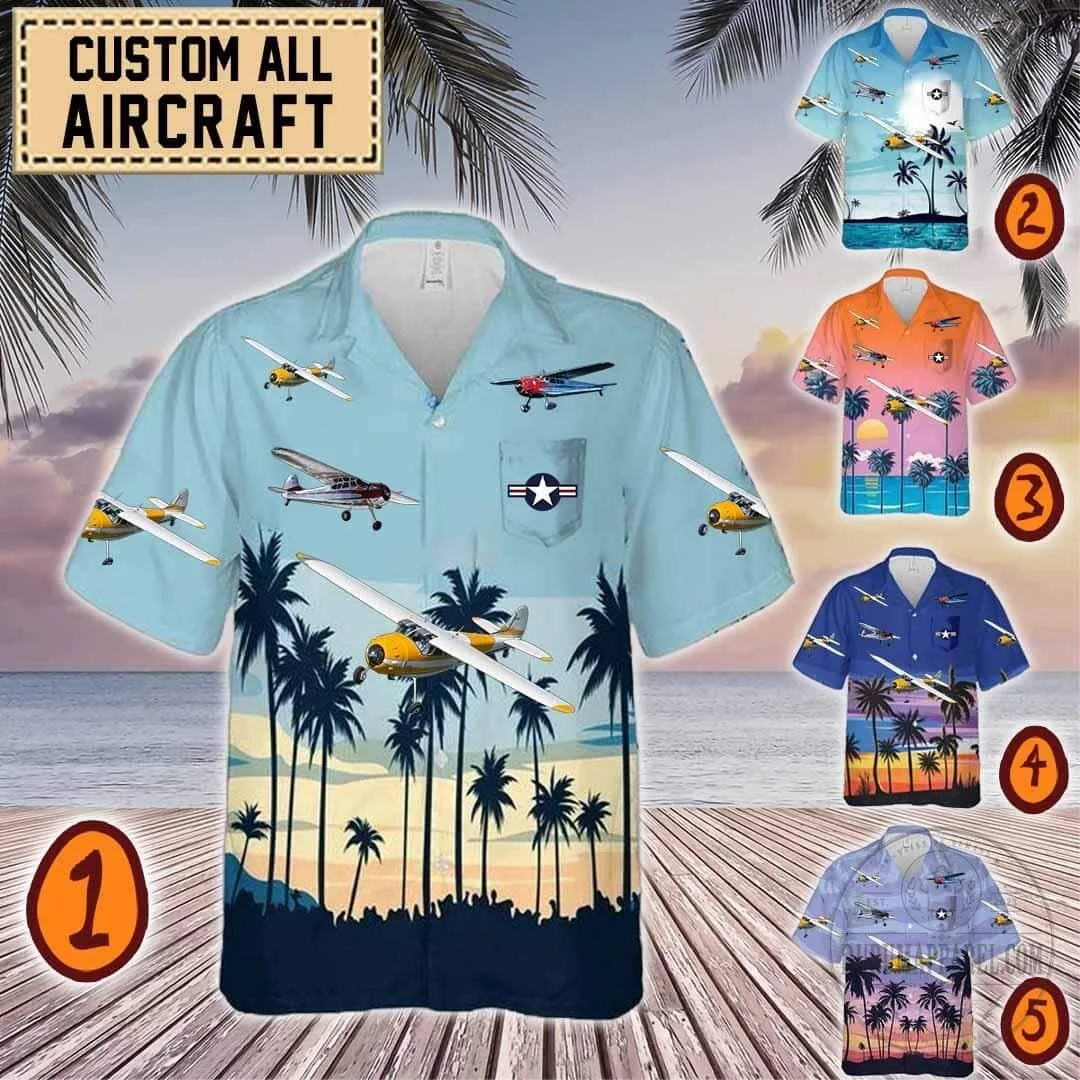 Cessna 195 Aircraft Flying Over Tropical Beach Hawaiian Shirt