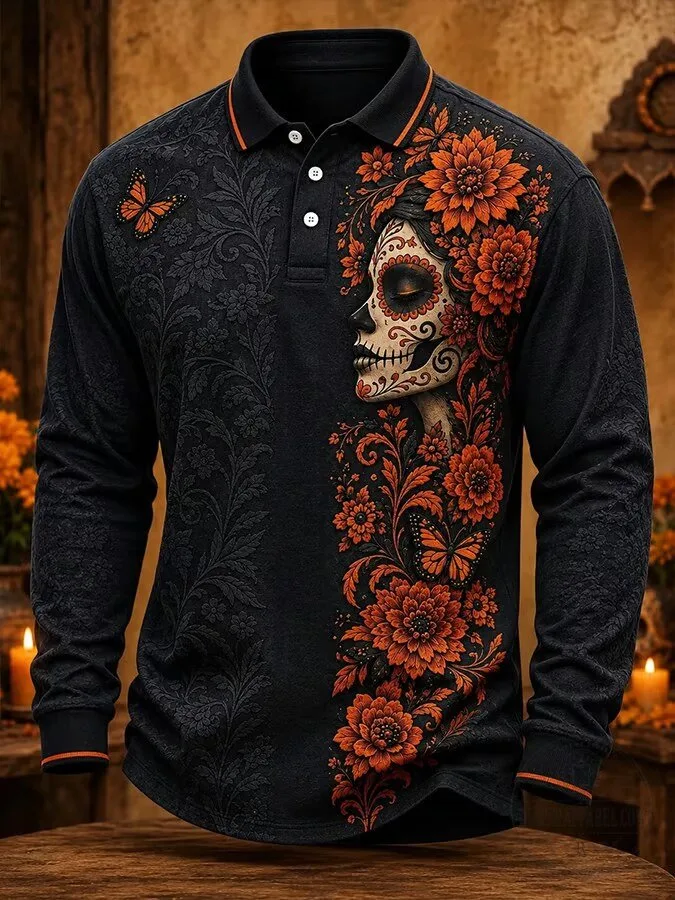 Day of the Dead Floral Sugar Skull Long Sleeve Polo Shirt 3 Day of the Dead Floral Sugar Skull Long Sleeve Polo Shirt