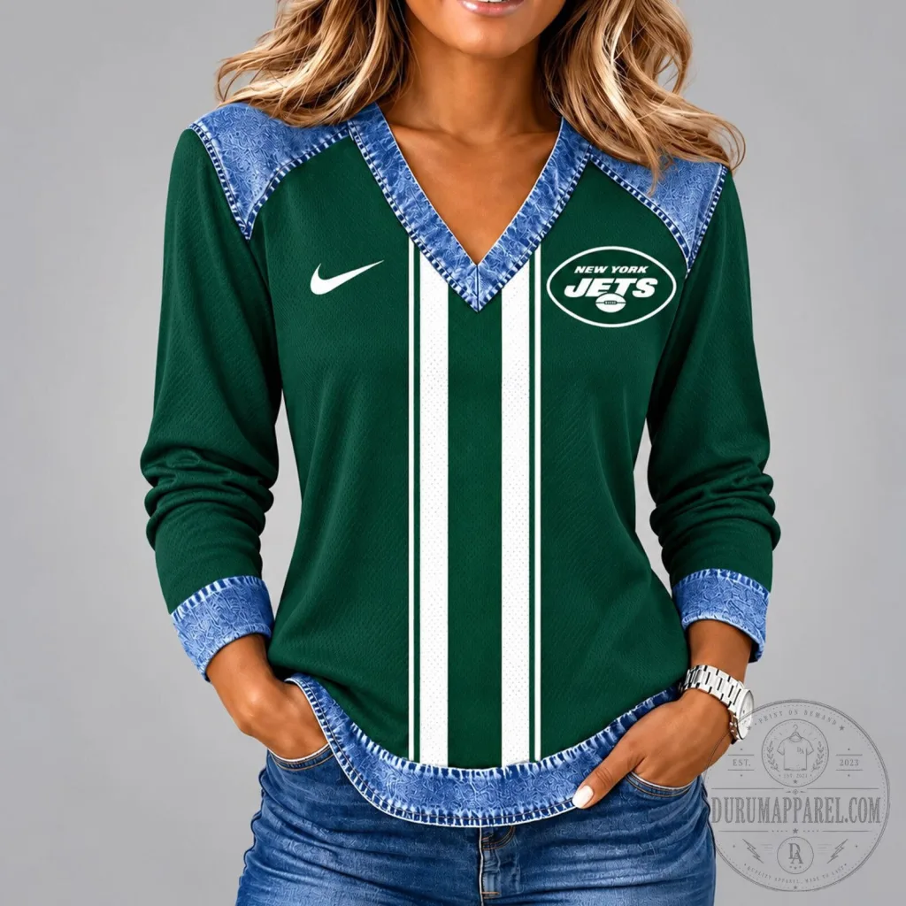 New York Jets NFL Classic Vintage Style Long Sleeve V-Neck Shirt New York Jets NFL Classic Vintage Style Long Sleeve V-Neck Shirt