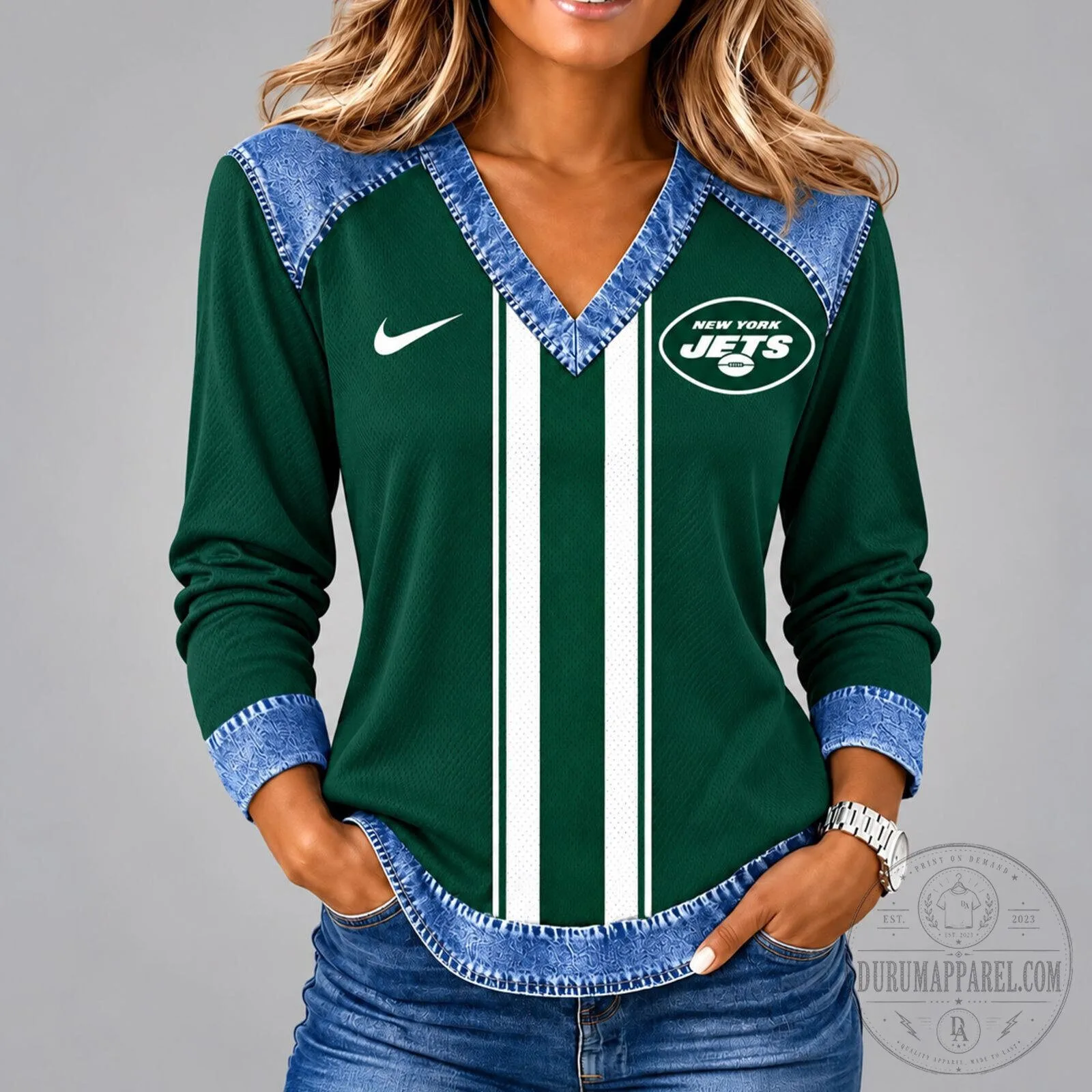 New York Jets NFL Classic Vintage Style Long Sleeve V-Neck Shirt