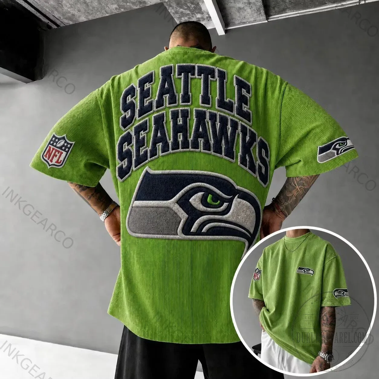 Seattle Seahawks NFL Football Team Logo Embroidered Green Corduroy T-Shirt