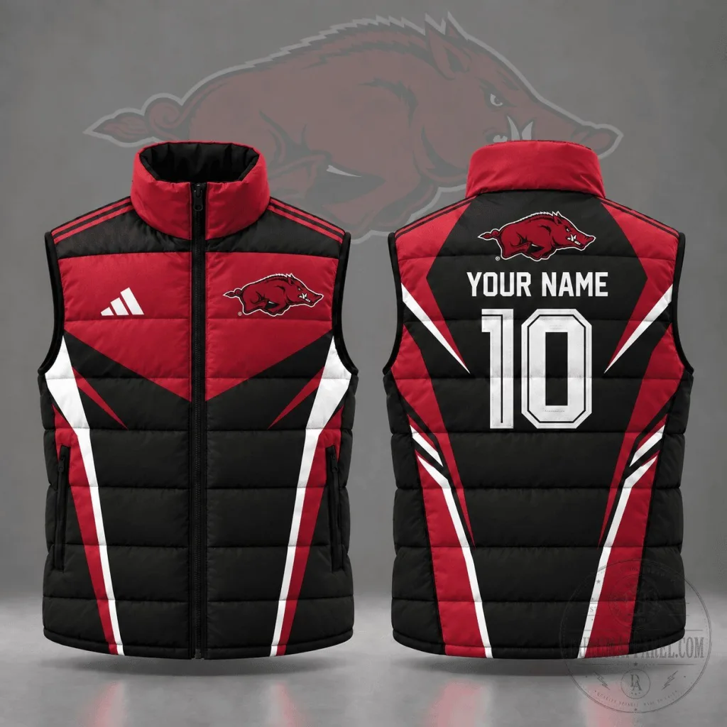 arkansas-razorbacks-custom-name-number-geometric-colorblock-full-zip-puffer-vest-featured Arkansas Razorbacks Custom Name Number Geometric Colorblock Full Zip Puffer Vest