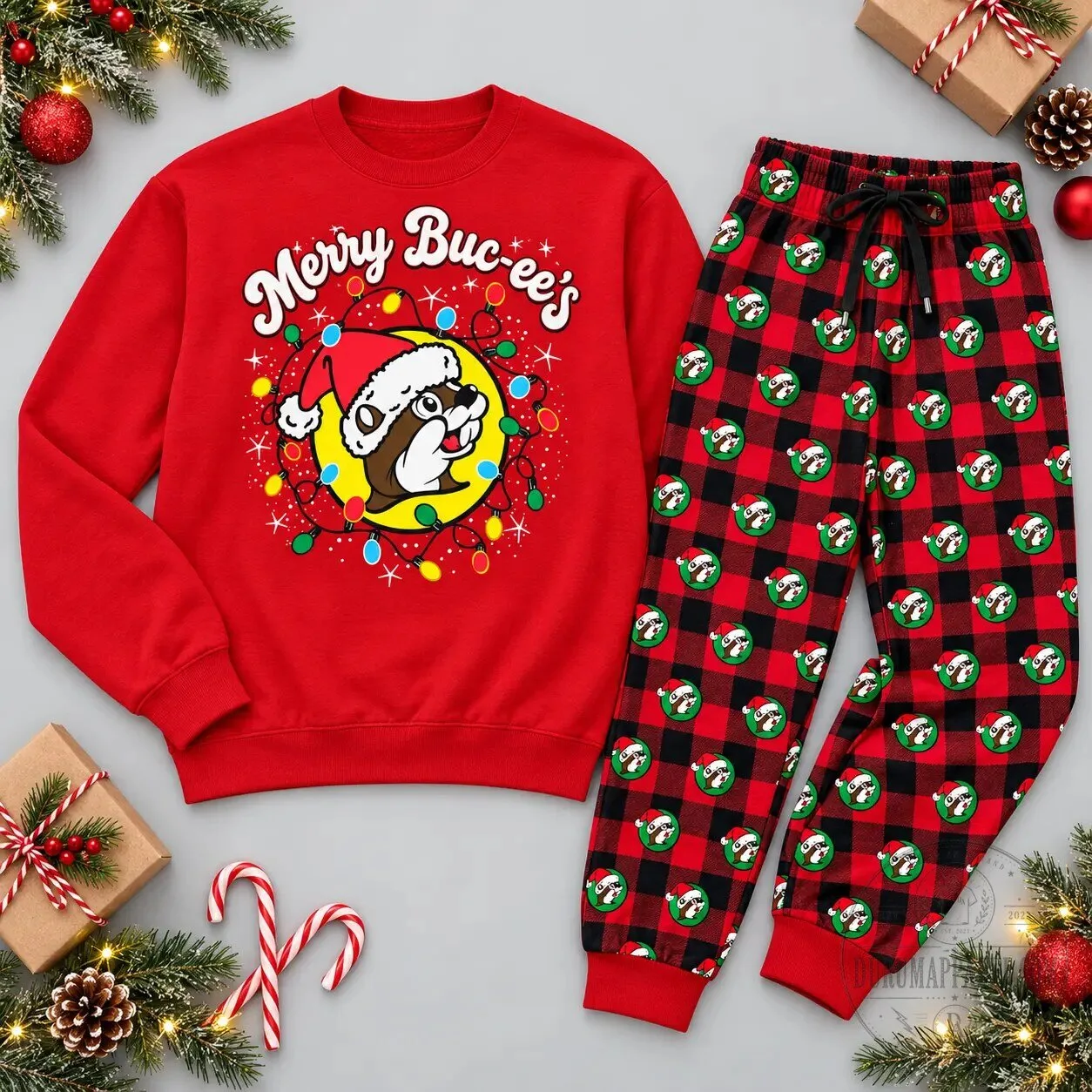 Merry Buc-ee's Christmas Holiday Crewneck Sweatshirt and Plaid Pajama Pants Set