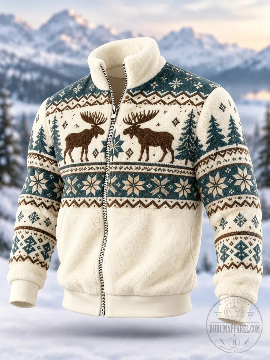 Nordic Moose and Pine Tree Pattern Sherpa Fleece Full-Zip Winter Jacket 2 Nordic Moose and Pine Tree Pattern Sherpa Fleece Full-Zip Winter Jacket