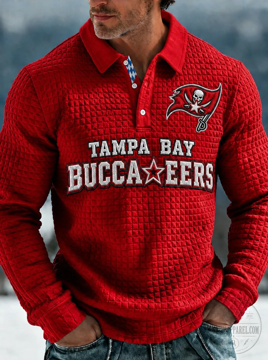 Tampa Bay Buccaneers Football Team Red Quilted Long Sleeve Polo Shirt 2 Tampa Bay Buccaneers Football Team Red Quilted Long Sleeve Polo Shirt