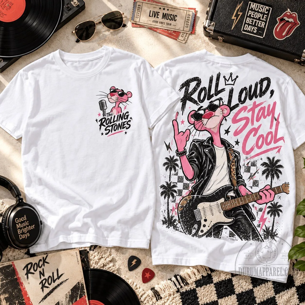 The Rolling Stones Pink Panther Rock and Roll Music Fan White T-Shirt
