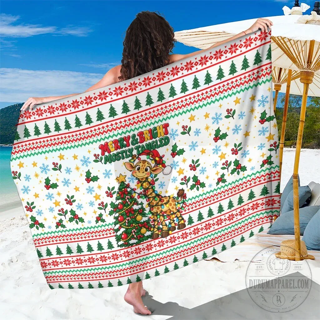 Merry and Bright Mostly Tangled Christmas Giraffe Beach Towel 4 Merry and Bright Mostly Tangled Christmas Giraffe Beach Towel