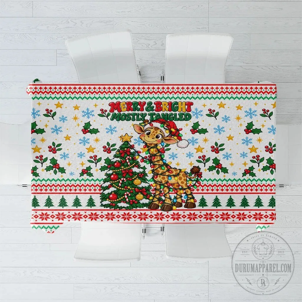 Cute Christmas Giraffe Lights Merry Bright Mostly Tangled Holiday Tablecloth