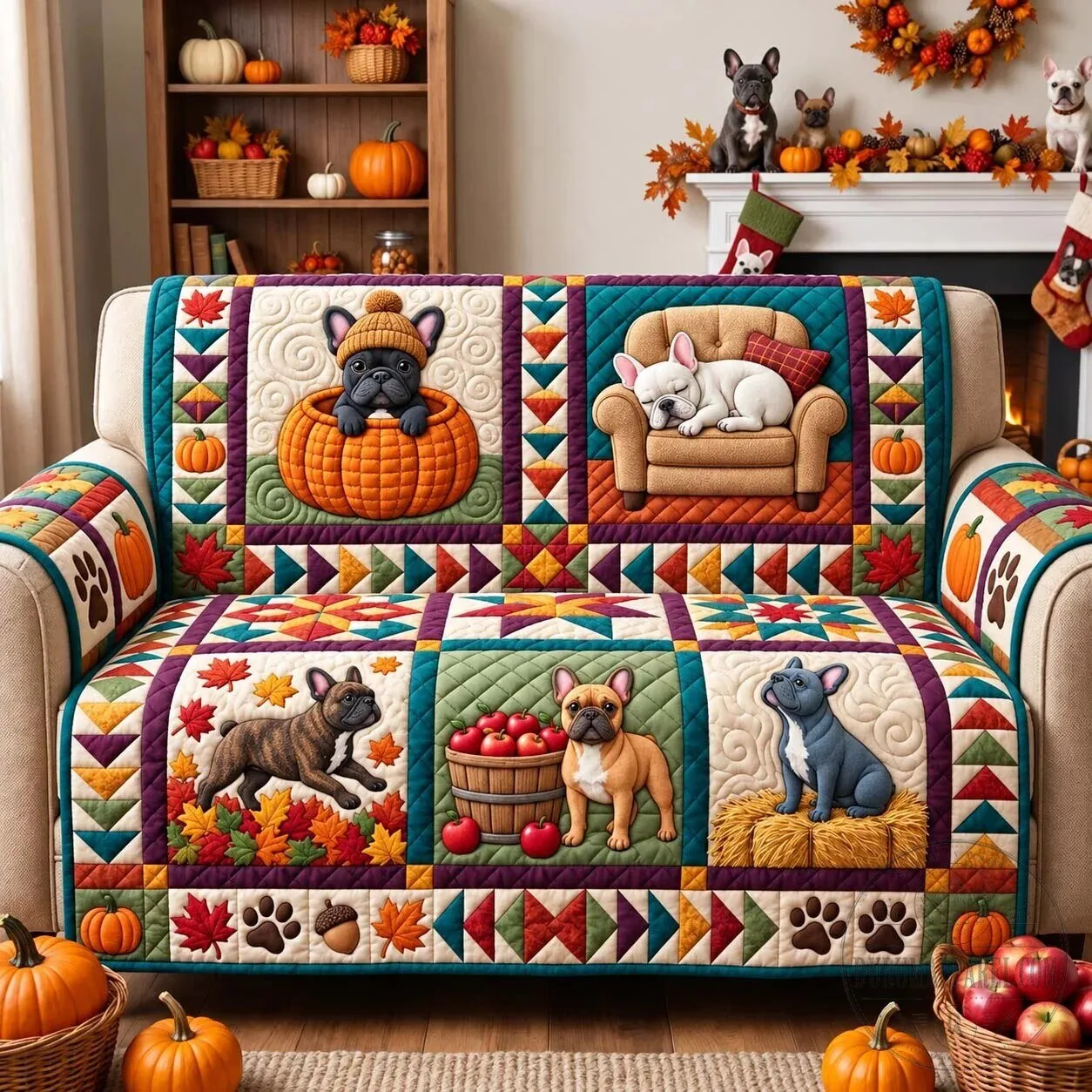 French Bulldog Fall Stories Quilted Sofa Cover for Living Room Decor