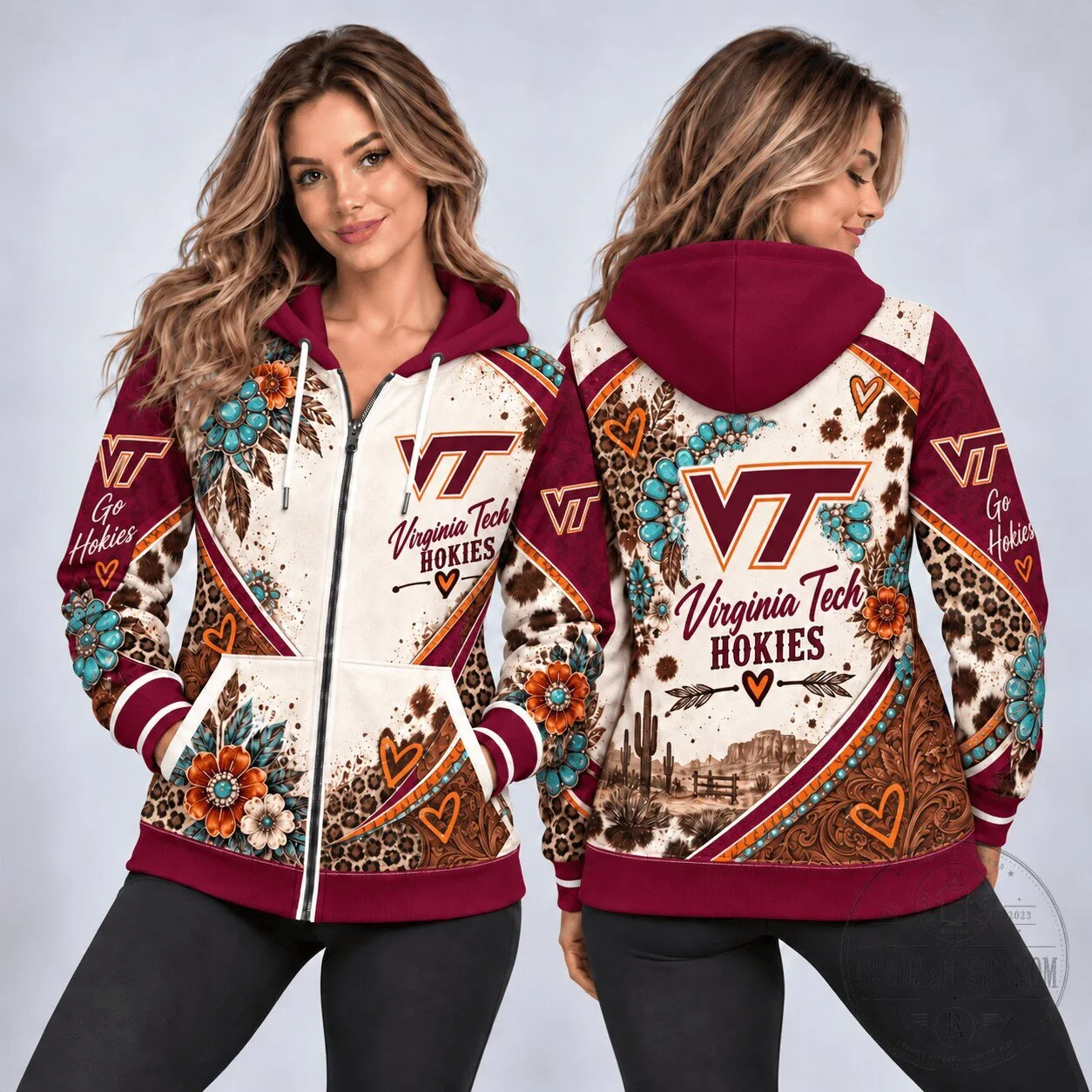 Virginia Tech Hokies Western Boho Floral Leopard Print Full-Zip Hoodie 6 Virginia Tech Hokies Western Boho Floral Leopard Print Full-Zip Hoodie
