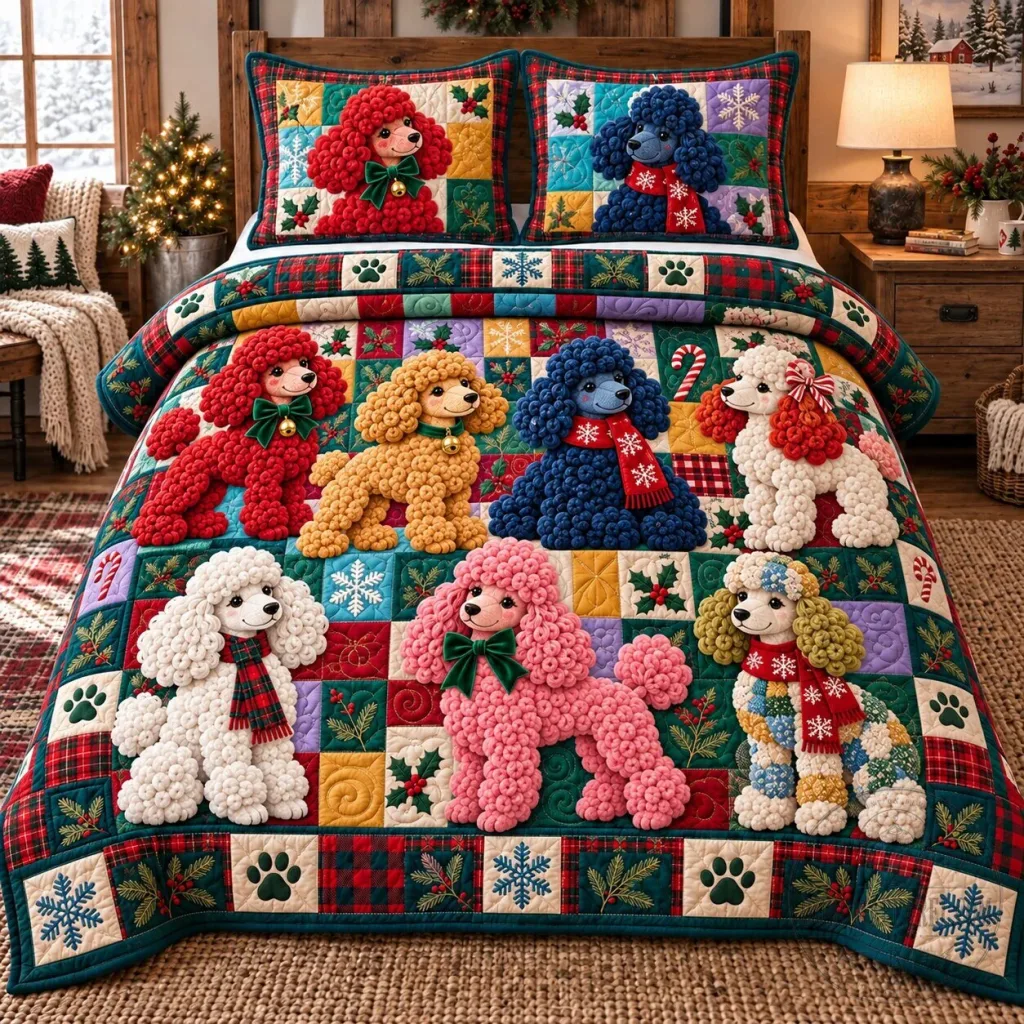 Christmas Poodle Party Quilted Bedding Set with Holiday Design Christmas Poodle Party Quilted Bedding Set with Holiday Design