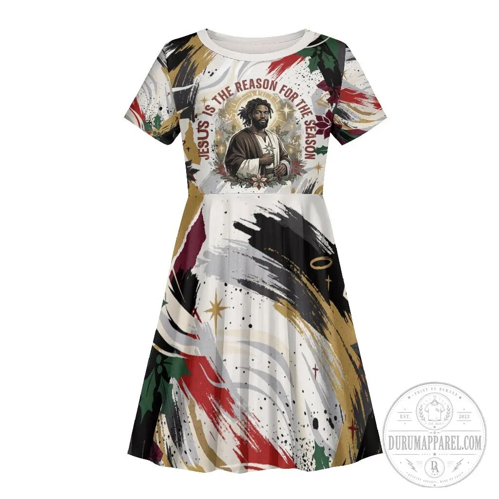 Jesus Is The Reason For The Season Christmas Black Kid's Short Sleeve Dress
