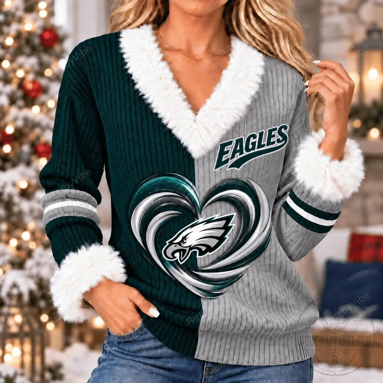 Philadelphia Eagles Heart Logo Two-Tone Faux Fur Trim Women's Sweater 5 Philadelphia Eagles Heart Logo Two-Tone Faux Fur Trim Women