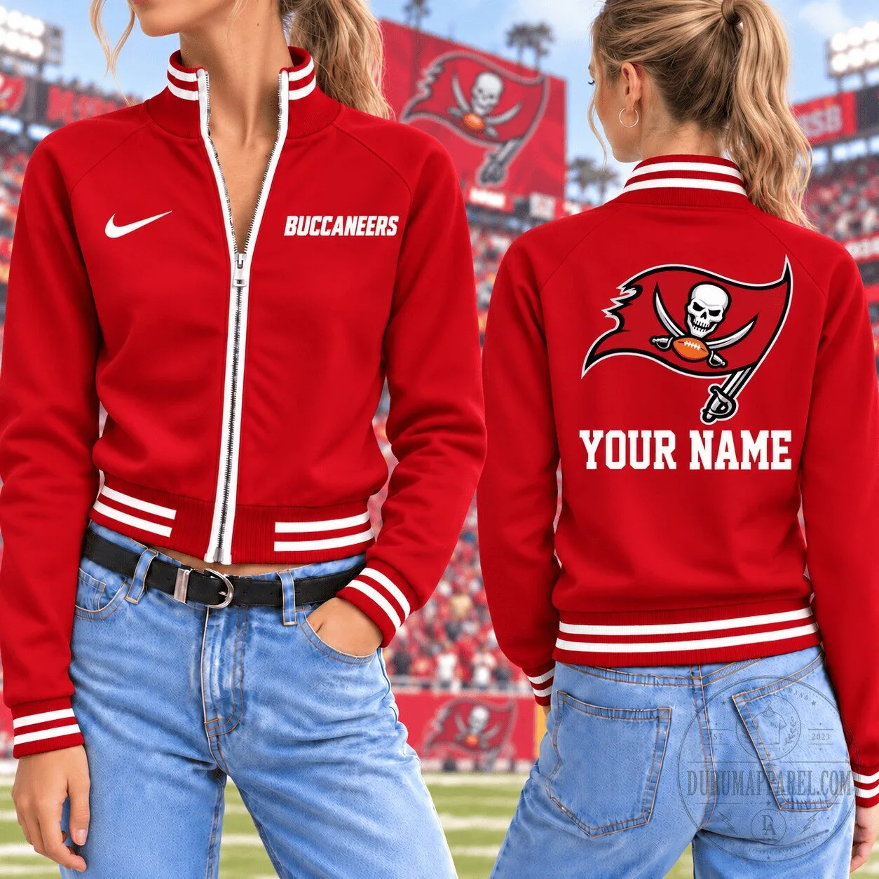 Tampa Bay Buccaneers Custom Name Red Full-Zip Bomber Jacket