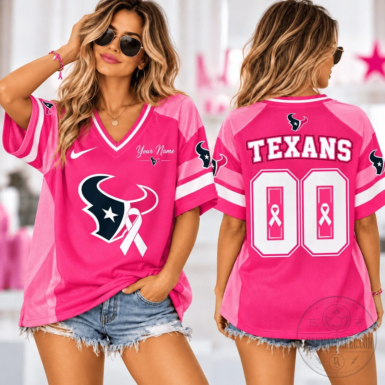 Breast Cancer Awareness Football Jersey in Houston Texans Pink Ribbon Design