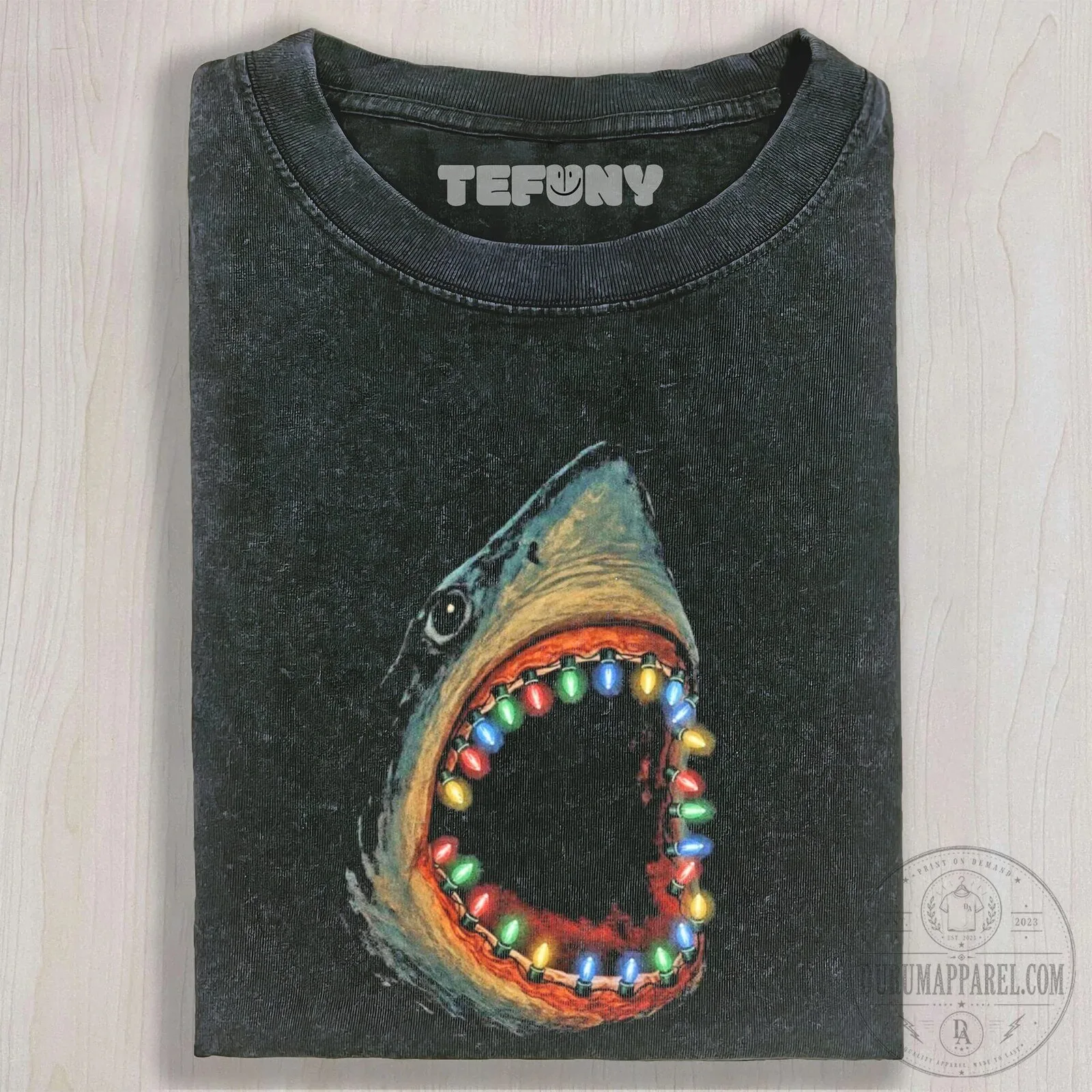Christmas Shark Jaws Movie Poster Holiday Lights Black T-Shirt