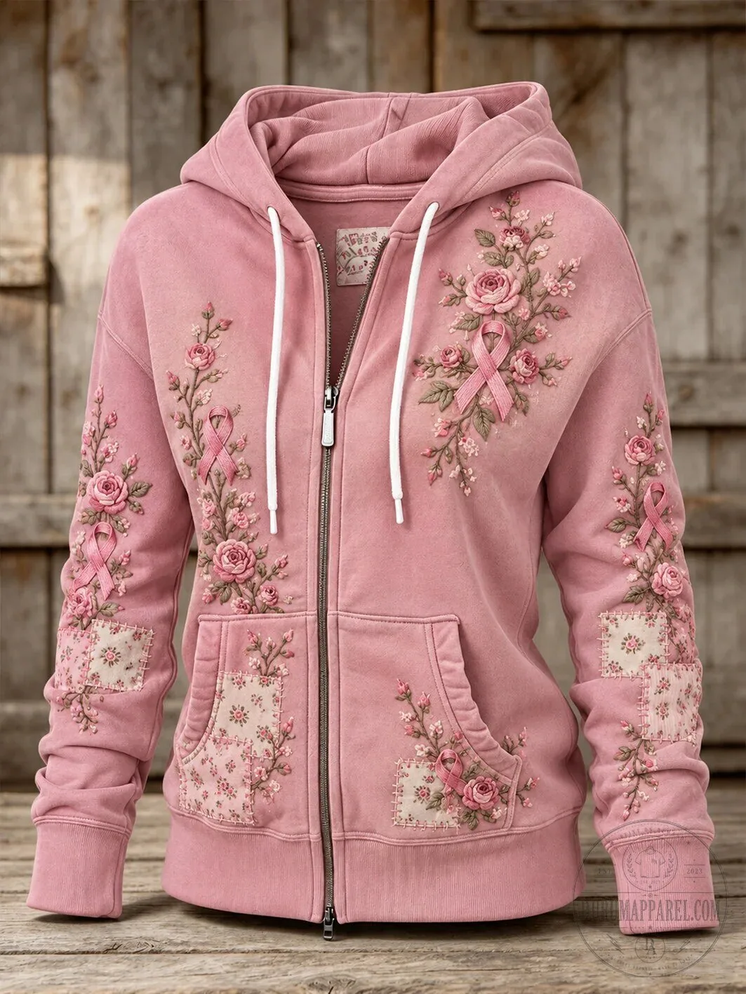 Floral Embroidered Zip-Up Hoodie with Pink Rose and Breast Cancer Awareness Ribbon