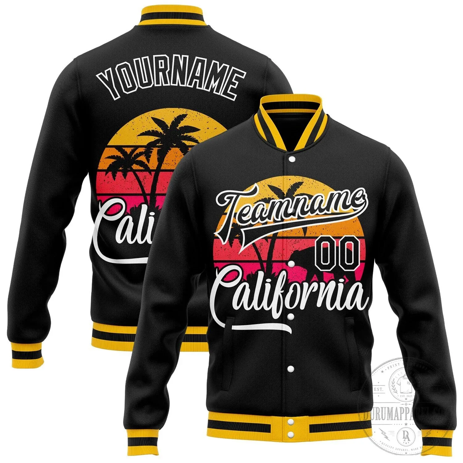 Custom California Sunset Palm Trees Black Yellow Varsity Bomber Jacket